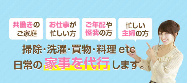 共働きのご家庭・お仕事が忙しい方・ご年配や怪我の方・忙しい主婦の方：掃除・洗濯・買物・料理など日常の家事を代行します。